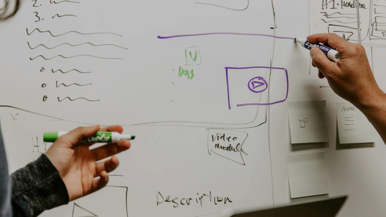 Two people sketching a plan with markers on a whiteboard