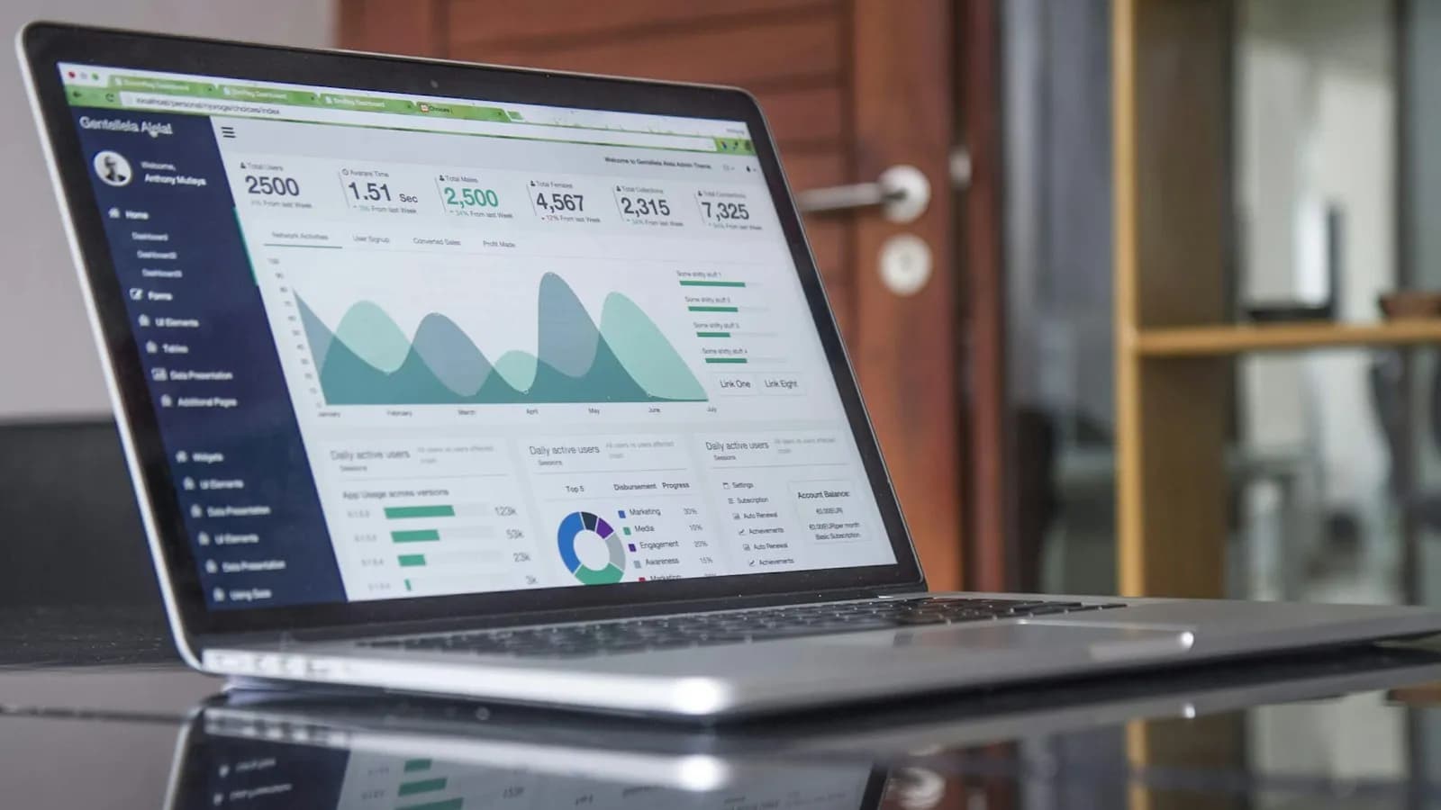 A laptop on a glass table showing charts and analytics numbers